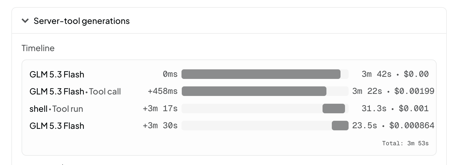 Server-tool generations timeline for a request with the shell tool, showing the model turn, the tool call, the shell tool run, and the follow-up model turn, each with its own duration and cost